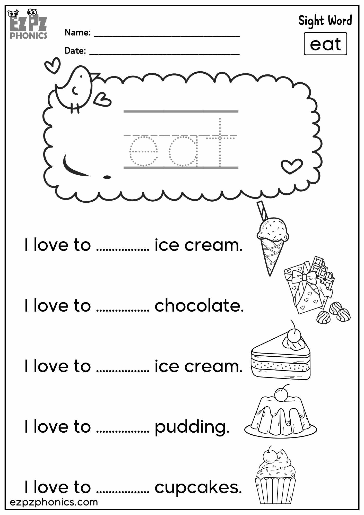 “Eat” Sight Word Sentences – Fun Dolch Sight Words Practice for Kindergarten & First Grade - PDF Download